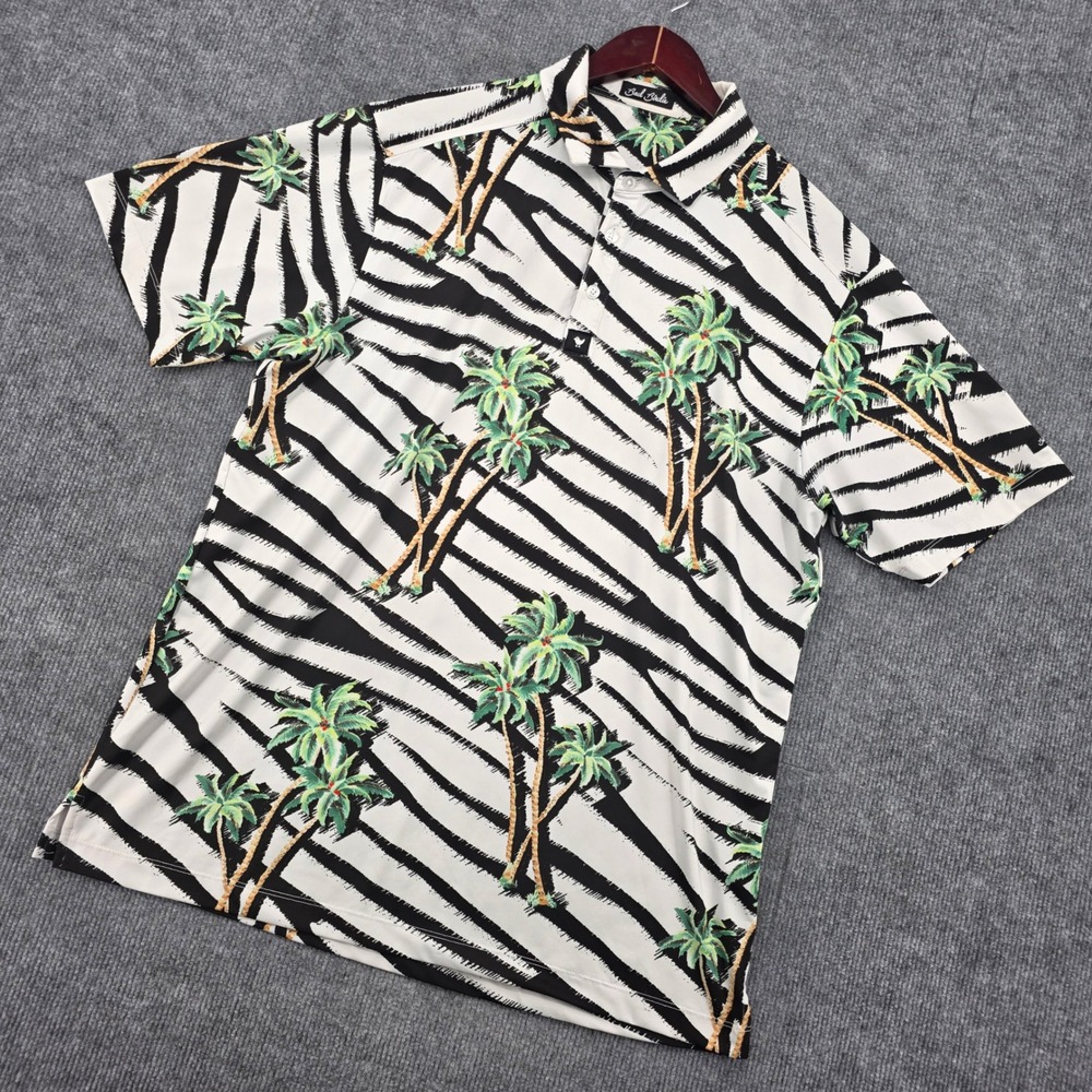 Bad Birdie Mens Large Zebra Palm Tree Golf Polo Shirt Black White Green Stretch
